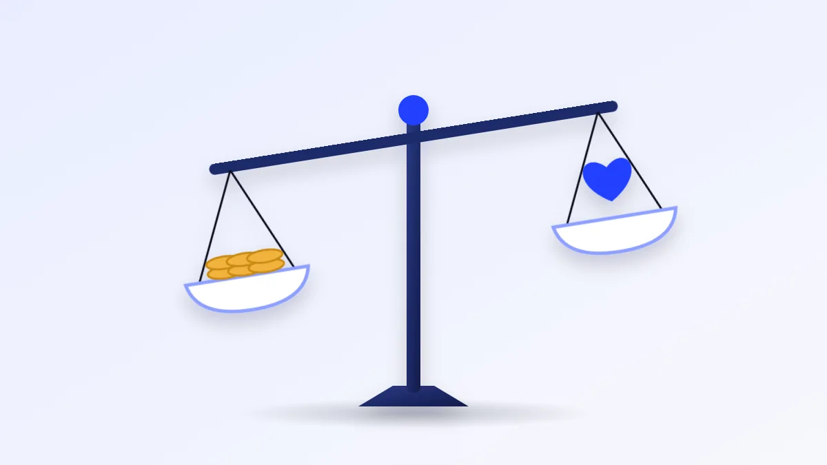 Balance scale with a stack of coins on one pan and a large blue heart on the other