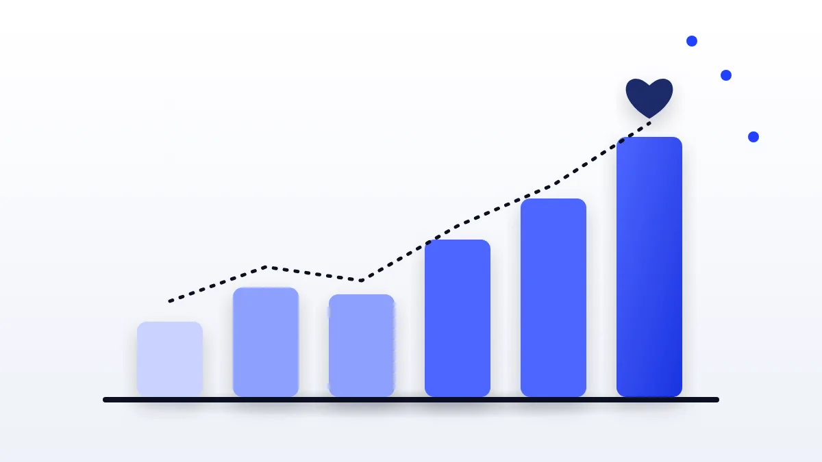 Bar chart with rising bars and a navy heart above the tallest bar