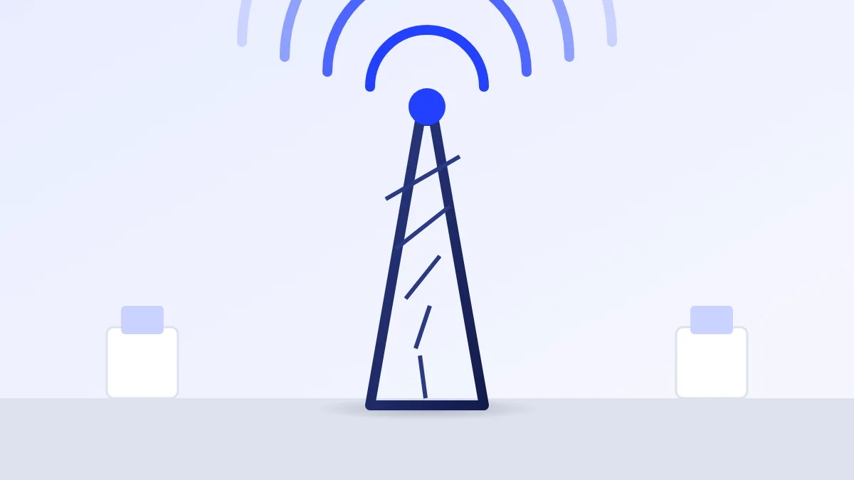 Broadcast tower sending signal waves over two small houses