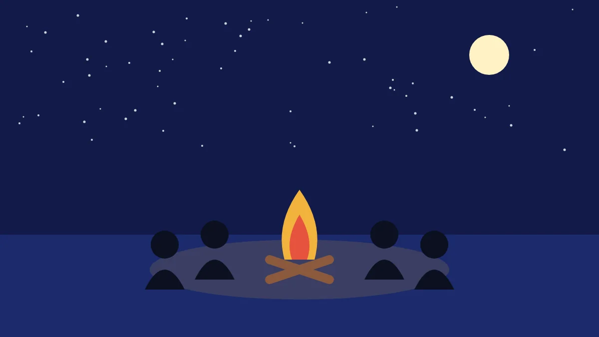Group of people sitting around a campfire under a starry sky