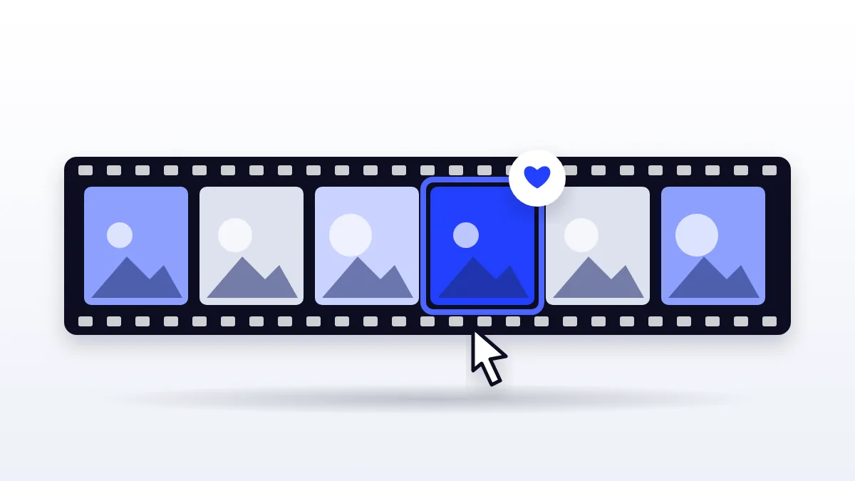 Film strip of six thumbnails with one frame outlined in blue and a heart badge, choosing which clip to boost