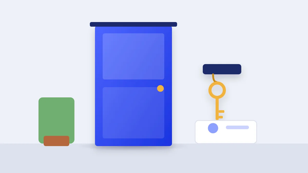 Blue front door with a gold key hanging on a wall hook beside it