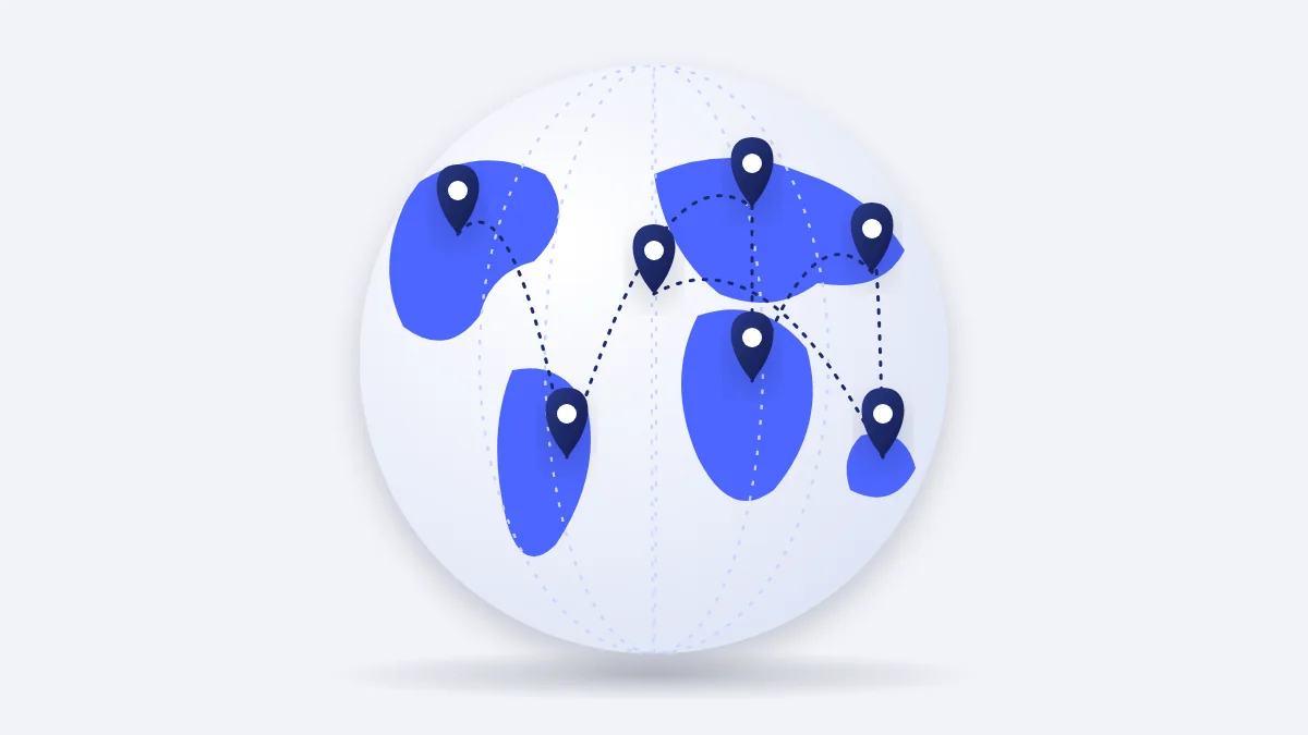 Globe with navy map pins linked by dotted lines for country targeting