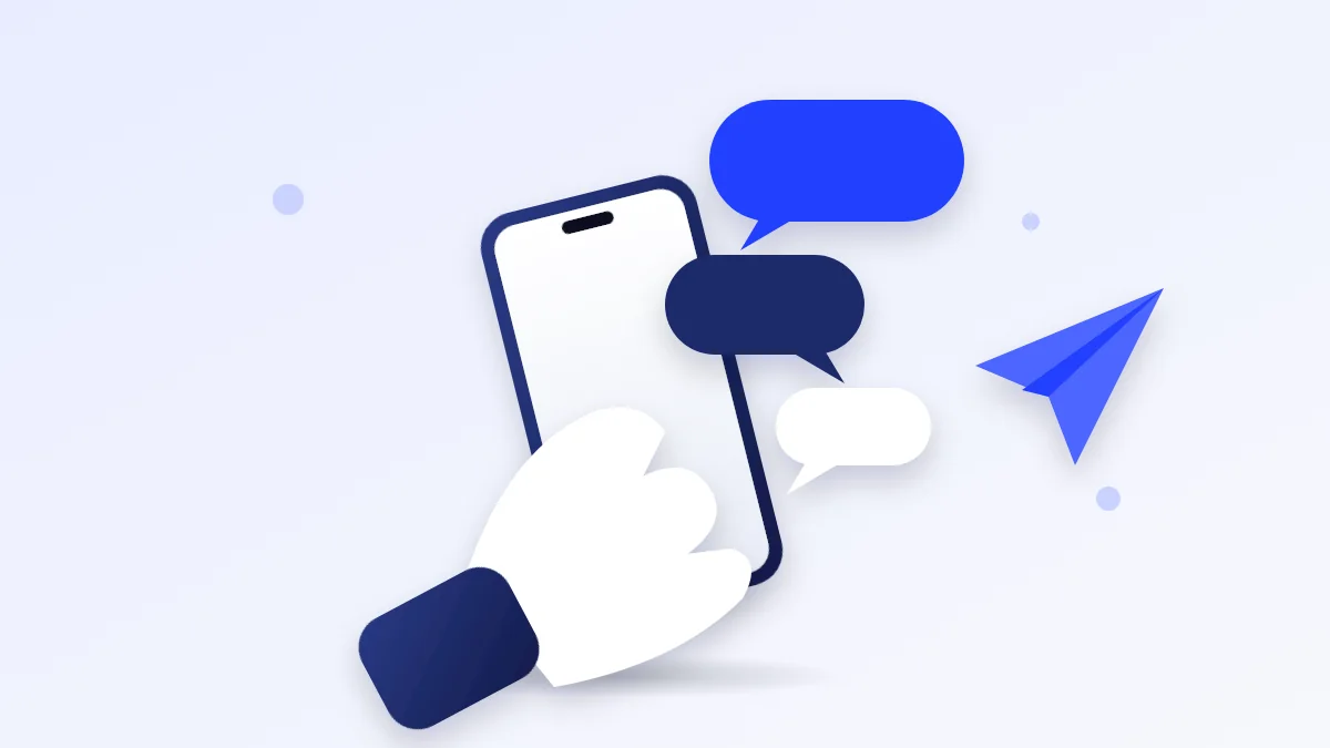 Hand holding a phone with chat bubbles and a paper plane, showing an order confirmed in WhatsApp