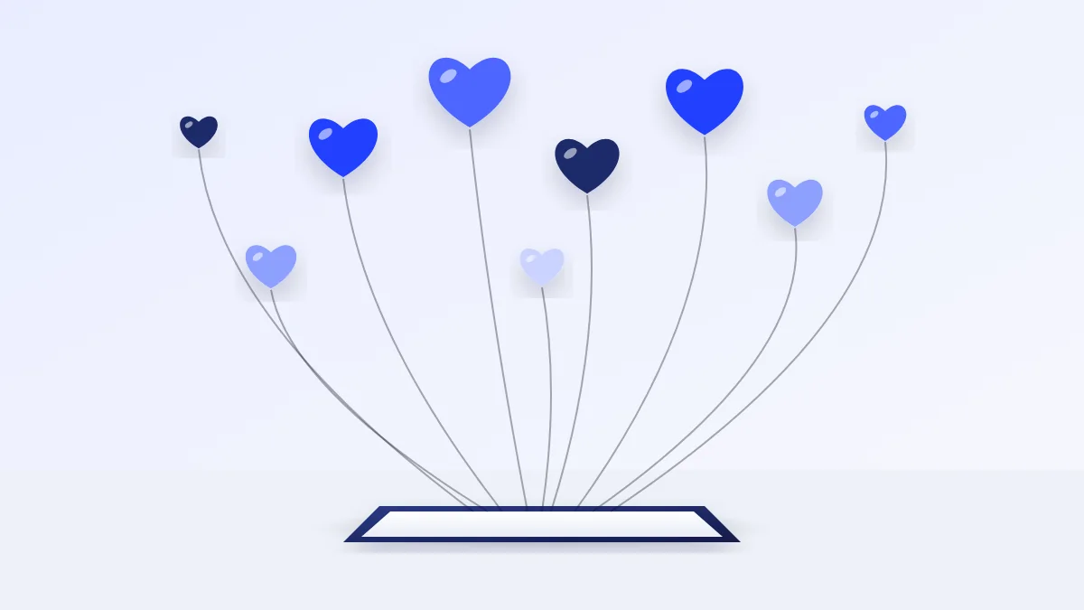 Buy TikTok likes illustration: heart-shaped balloons rising on strings from a phone lying on a table