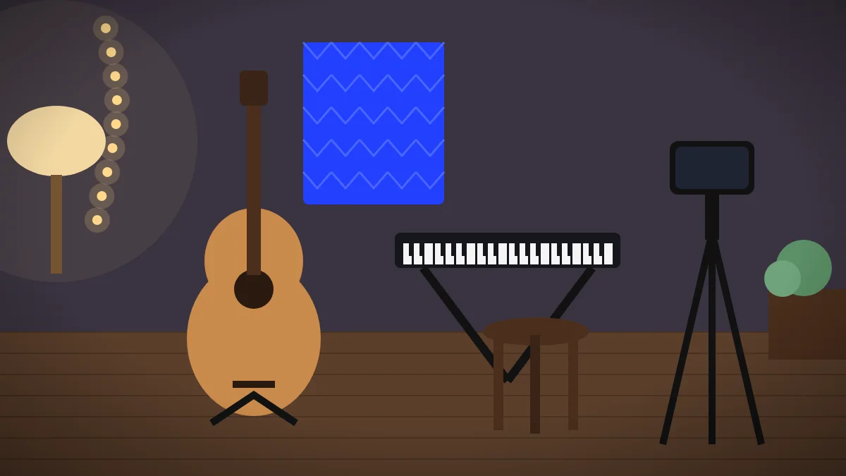 Home music corner with a guitar, keyboard and a phone on a tripod ready to film