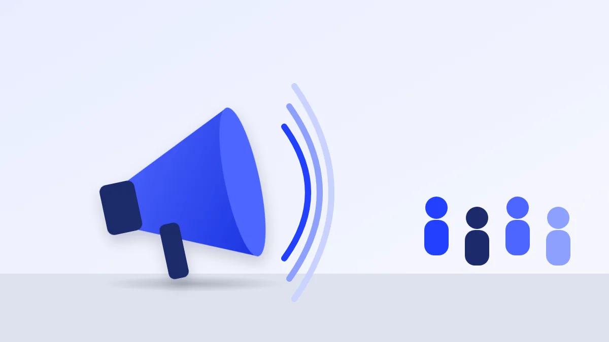 Megaphone with sound rings and small figures arriving