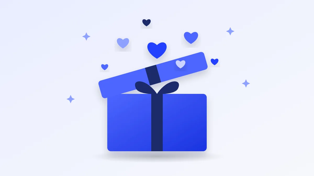 Open blue gift box with hearts and sparkles floating out of it