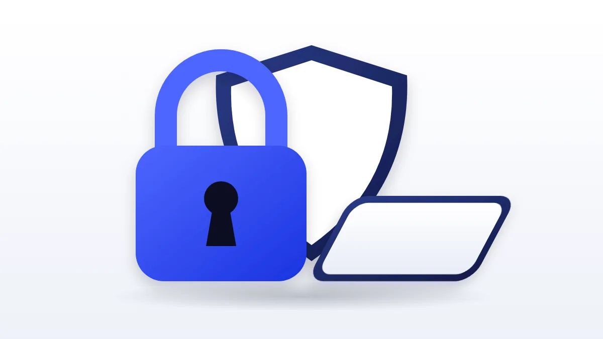 Blue padlock in front of a shield next to a phone, meaning no password is ever needed