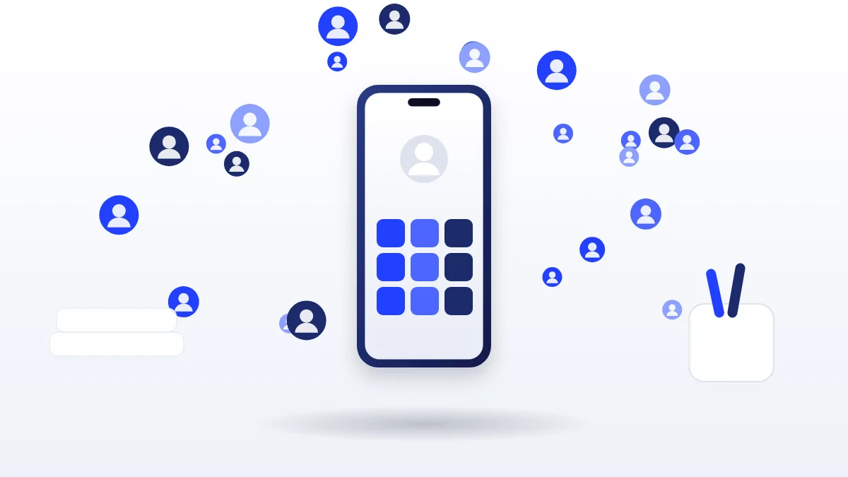 Buy TikTok followers illustration: a phone showing a profile grid with new profile bubbles gathering around it