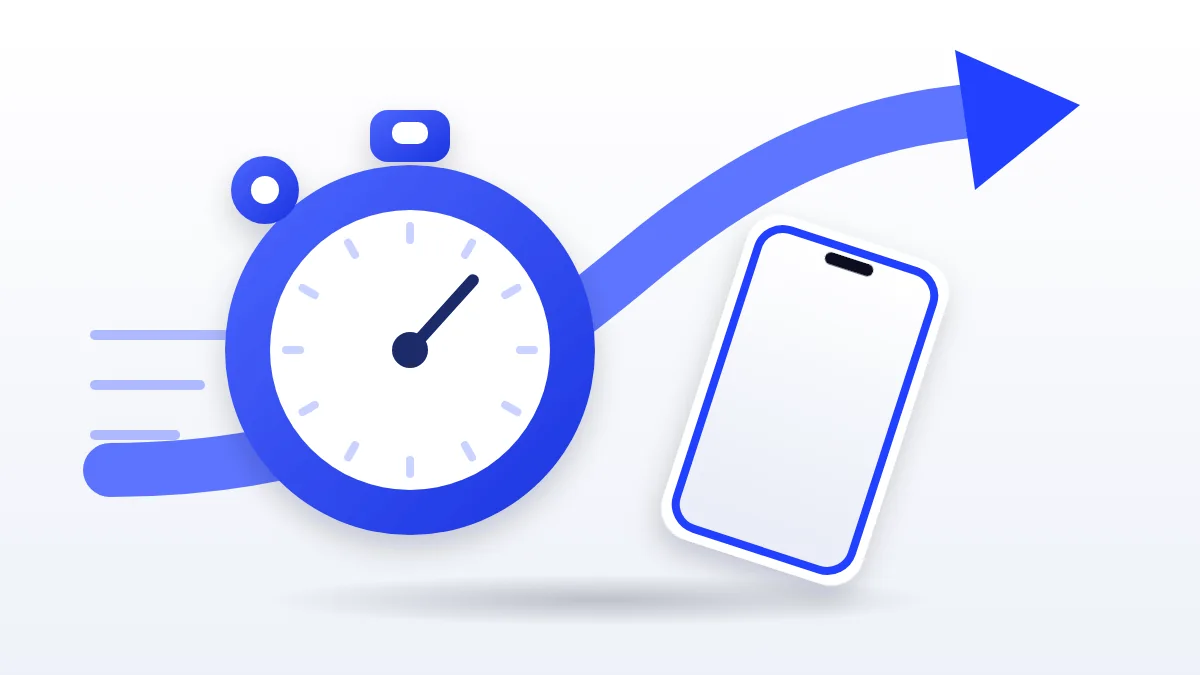 Cobalt stopwatch beside a phone with a rising arrow, showing a quick start after payment